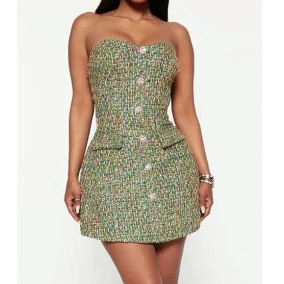 Fashion Nova Tanya Tweed Strapless Mini Dress in Green Pink size Medium NEW - Picture 1 of 7